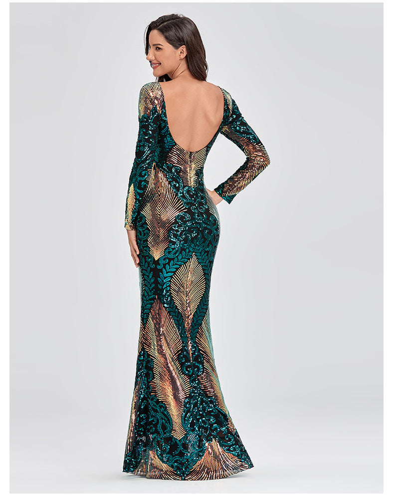 Plus Size Women Stretch Elegant Long Sleeve Round Neck Backless Sequined Mermaid Evening Gown 5