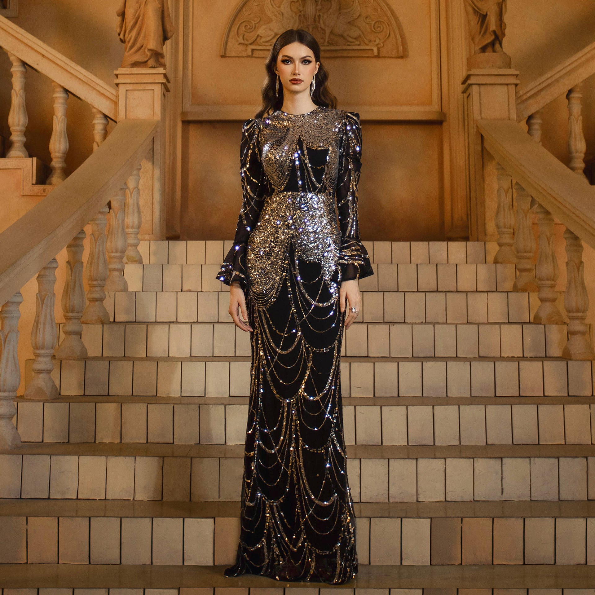 Summer Luxury Long-Sleeve Round Neck Sequin Fishtail Evening Gown 3