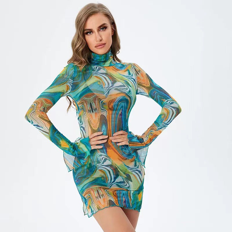 Printed Round Neck Bell Bottom Sleeve Women's Summer Slit Bodycon Dress 7
