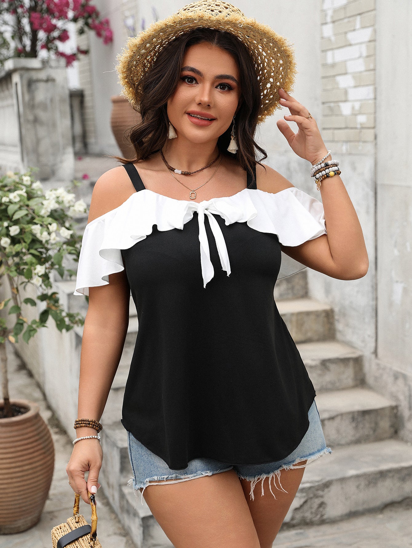 Spring Plus Size Women's Off-Shoulder Ruffle Sleeve Strap Top