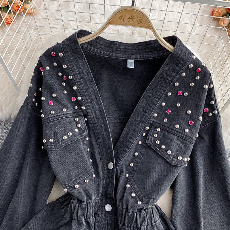 Women Autumn and Winter V-Neck Beaded Denim Top 3