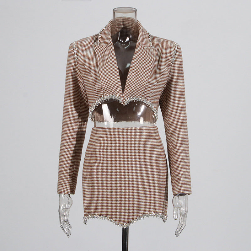 Women Diamond Blazer Bodycon Skirt Two-piece Set 3