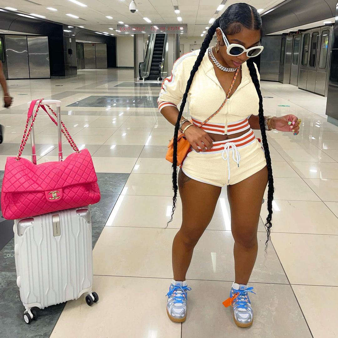 Women's Fashion Striped Patchwork Hooded Long Top Sexy Shorts Sports Two Piece Set 4