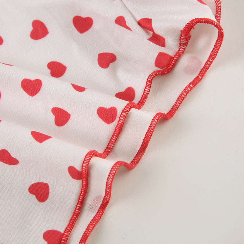 Women Heart Print Lace V-Neck Suspender Top and Shorts Two Piece Set 15