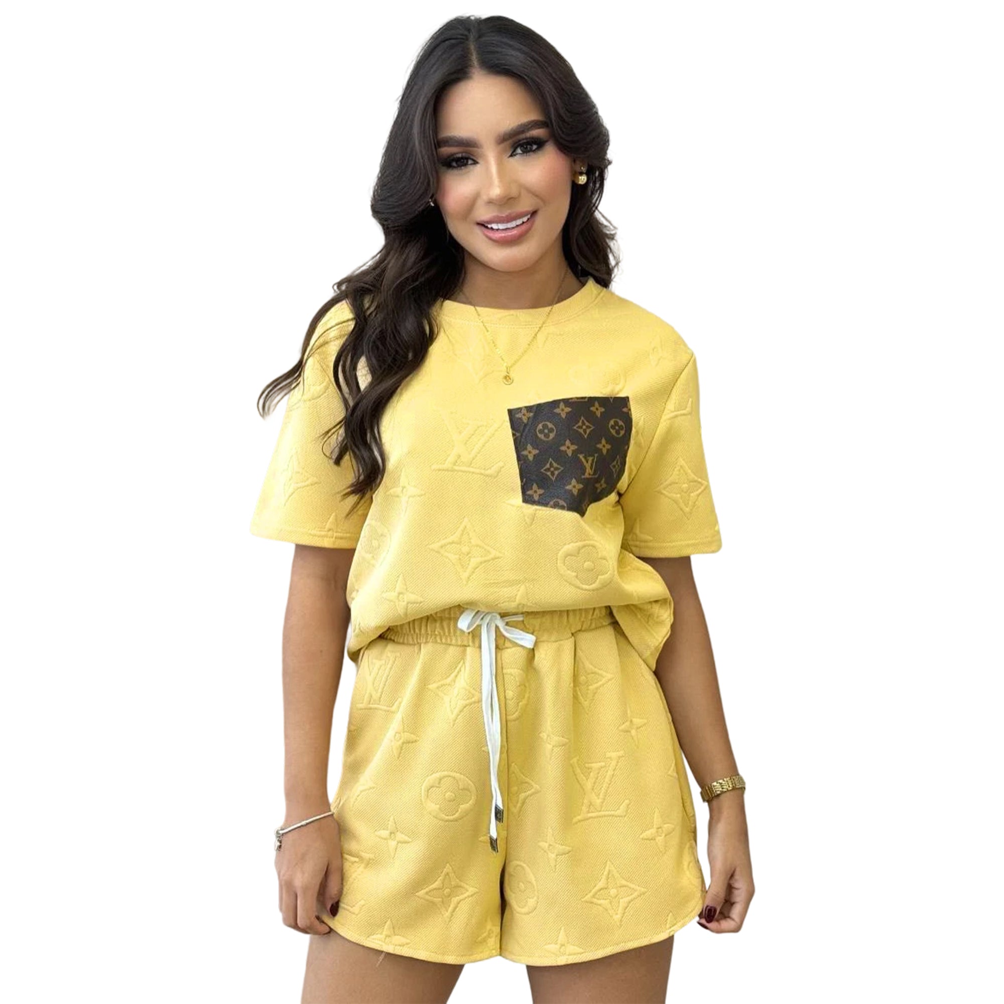 Women casual Pu-Leather pocket jacquard short-sleeved top and shorts sports two-piece set 6