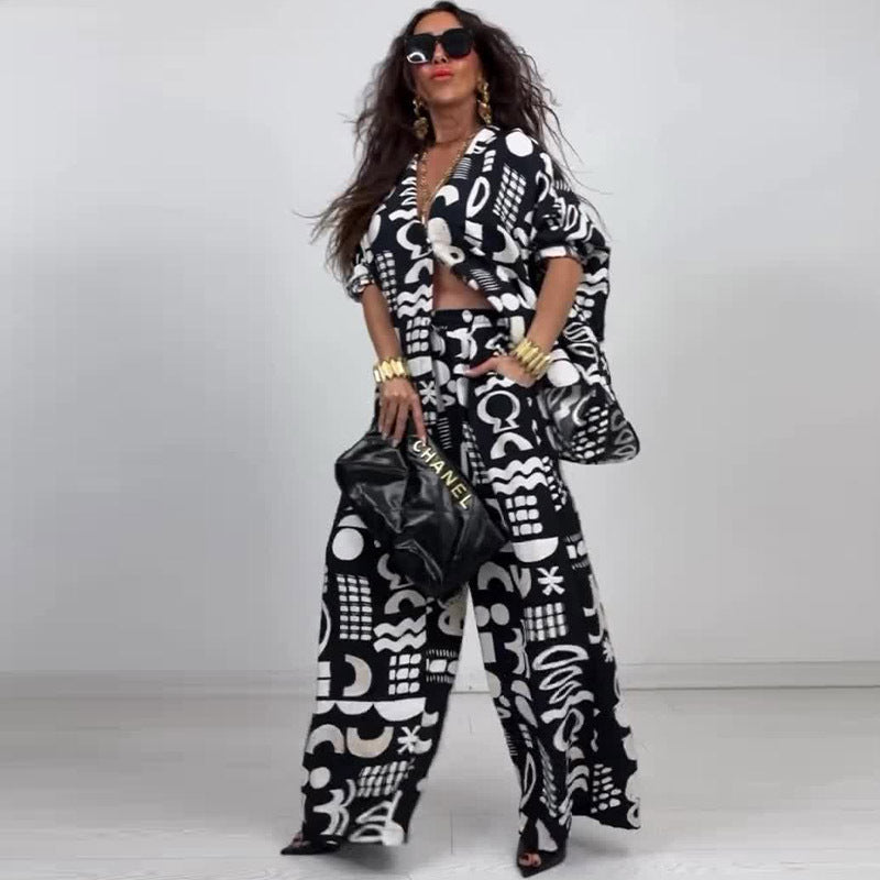 Summer Elegant Sexy Printed Top + Wide-Leg Pants Two-Piece Set 3