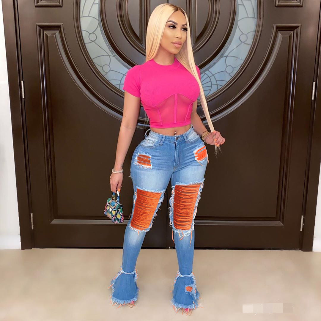 Women Ripped Tassel Denim Bell Bottom Pants 3