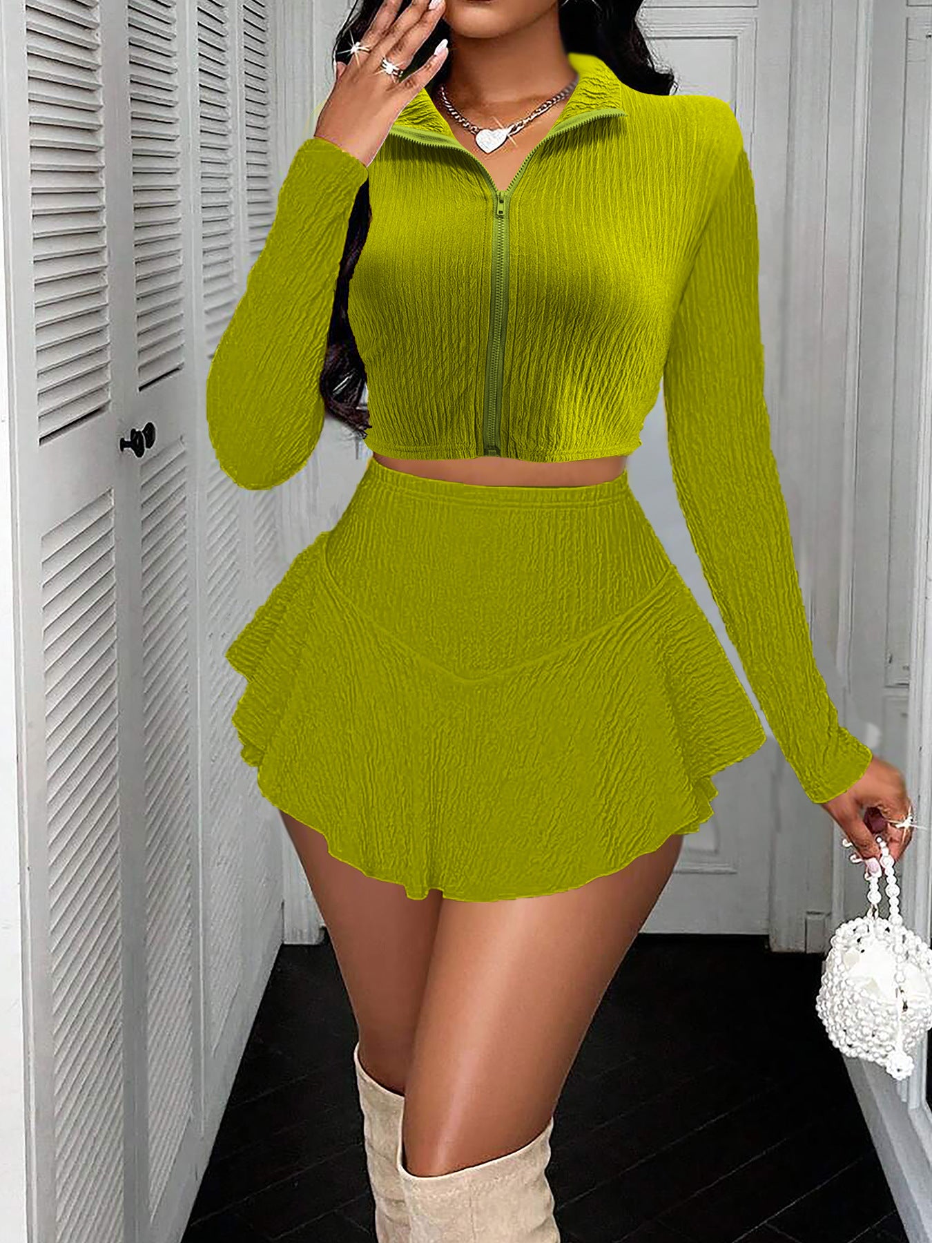 Women Solid Zippered Cropped Top Two-piece set with ruffled skirt 3