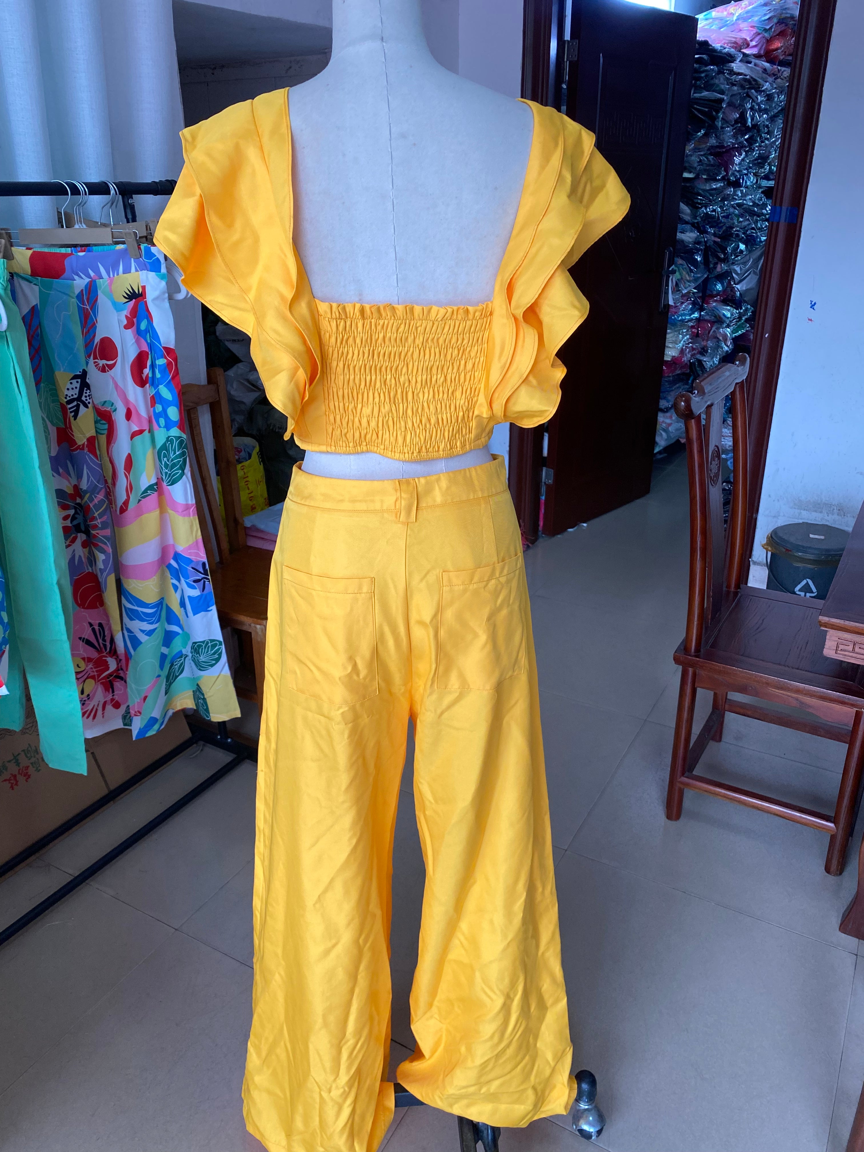 Women's Fashionable Ruffled Short Sleeve Top High Waist Wide Leg Pants Two-Piece Set 6