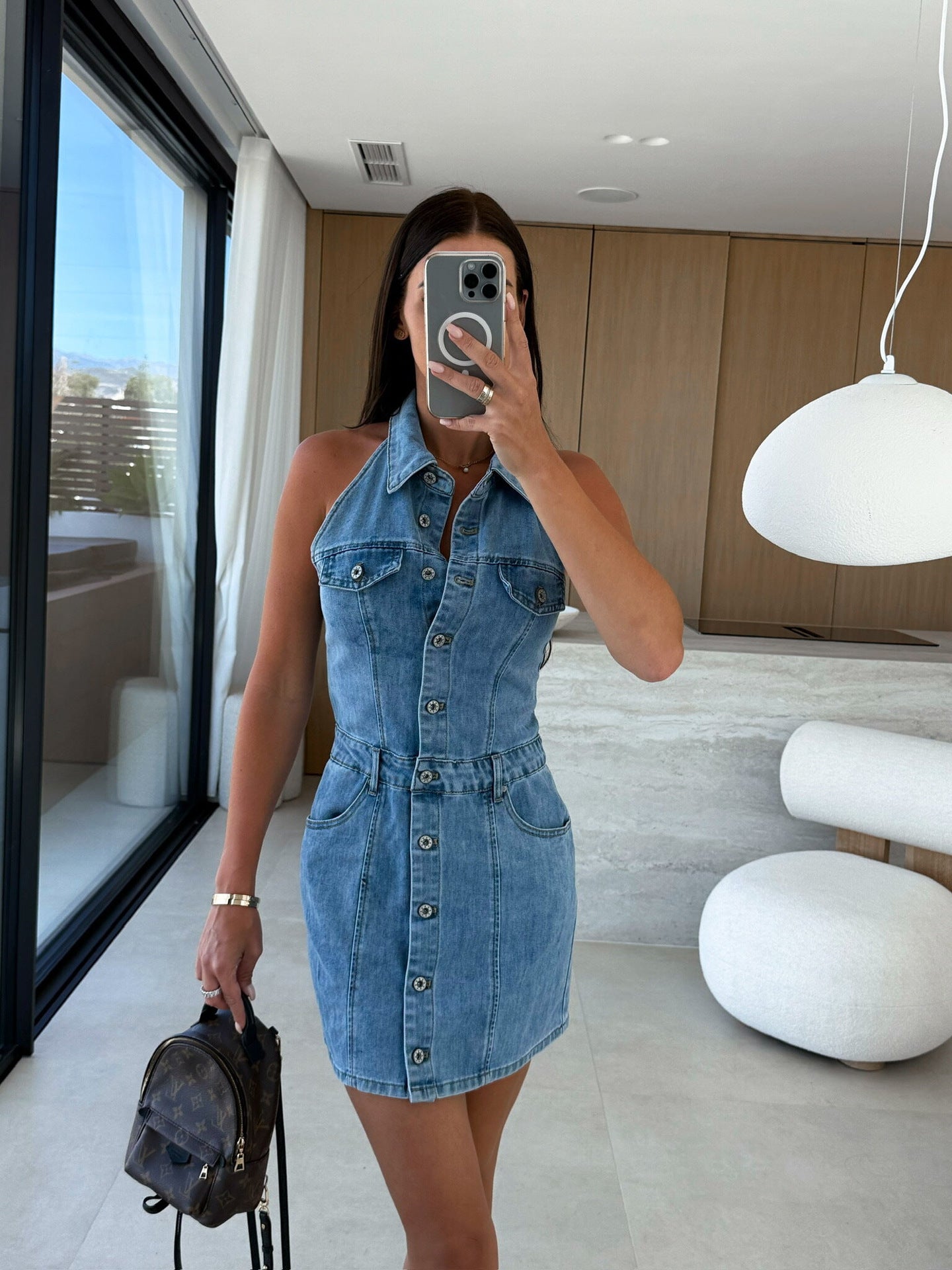 Summer single-breasted Turndown Collar sleeveless Slim Waist fashionable Denim dress women's clothing