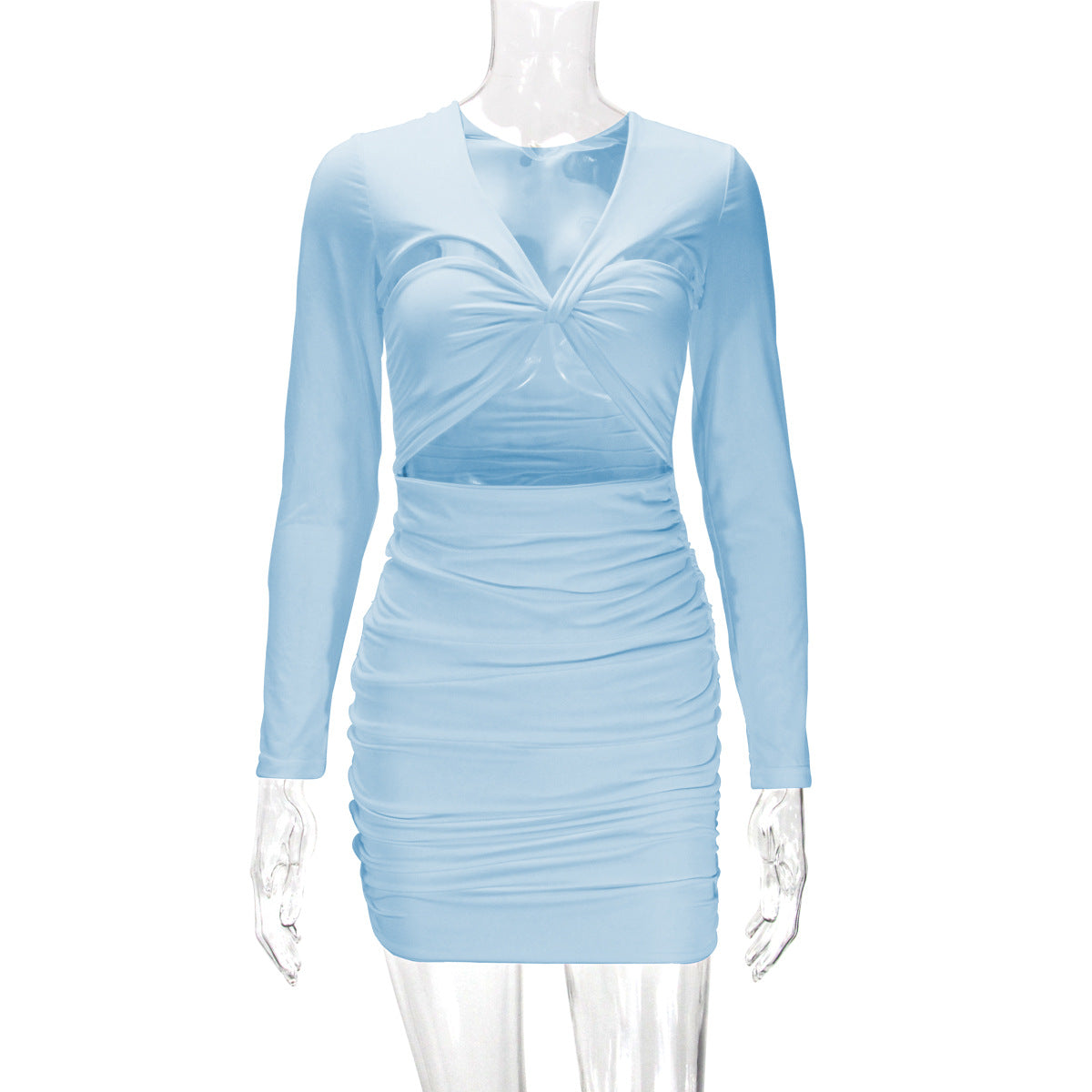 Women Sexy Hollow Long Sleeve Pleated Bodycon Dress 15