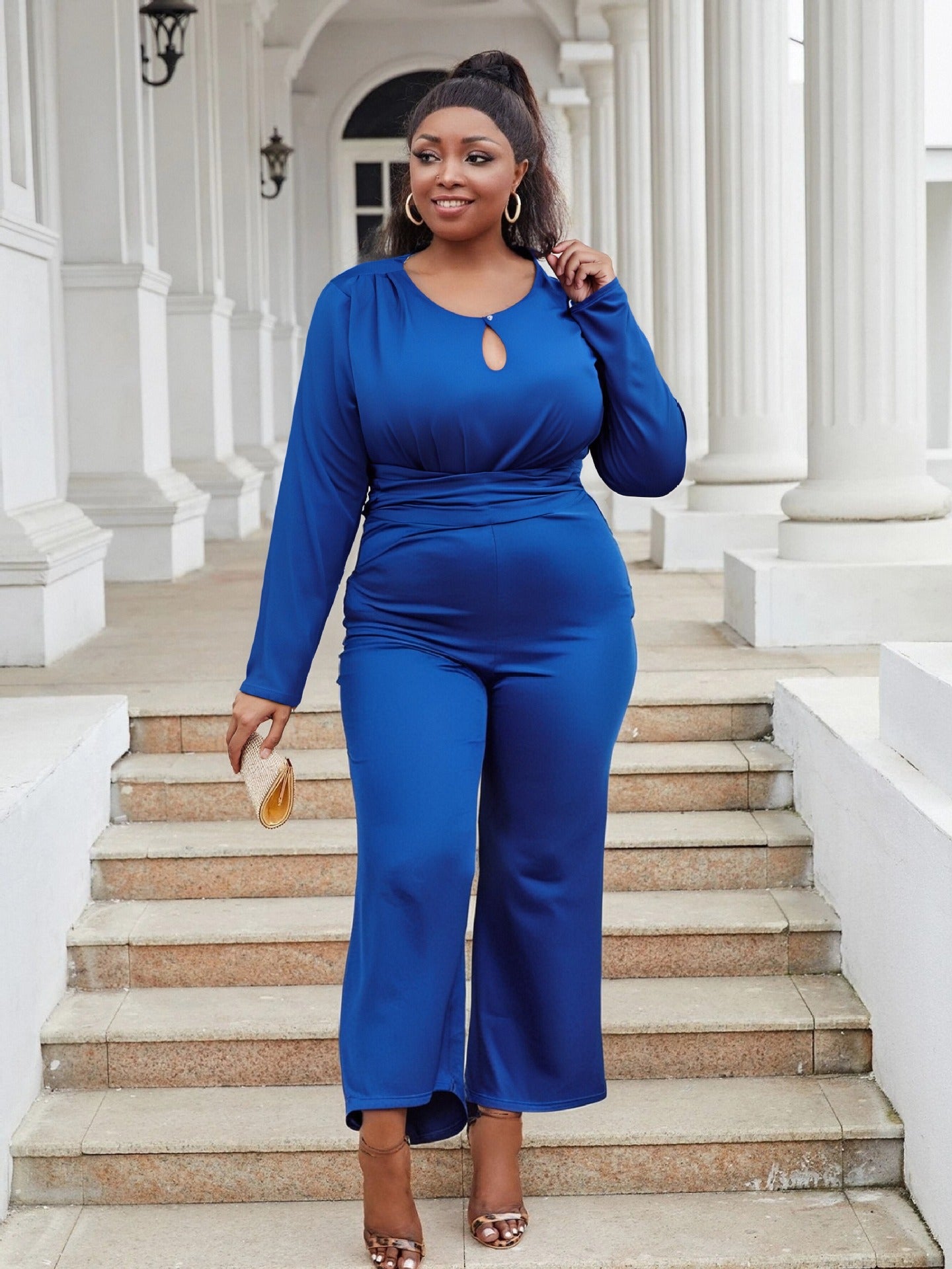 Plus Size Women Elegant Stretchy Hollow Wide Leg Jumpsuit