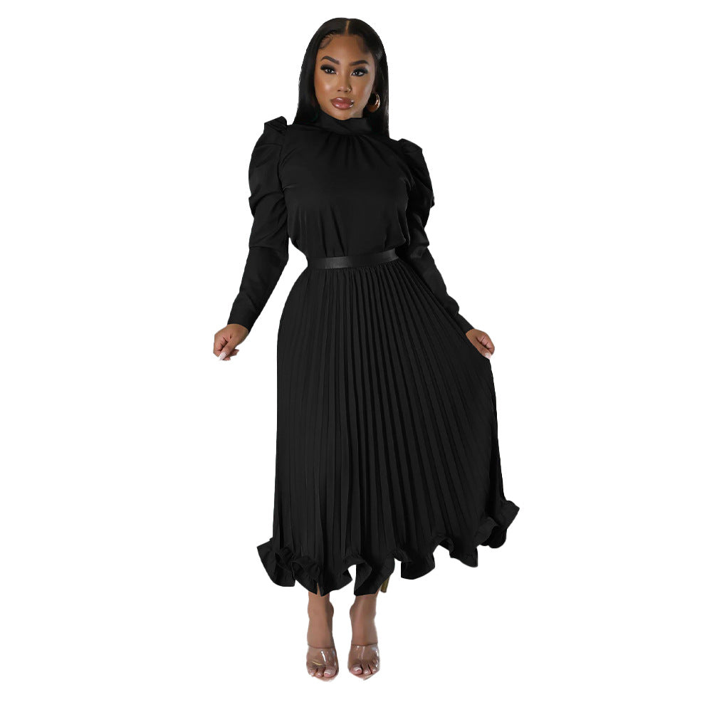 Women's Winter Puff Sleeve Top Ruffled Pleated Skirt Two-Piece Suit 14