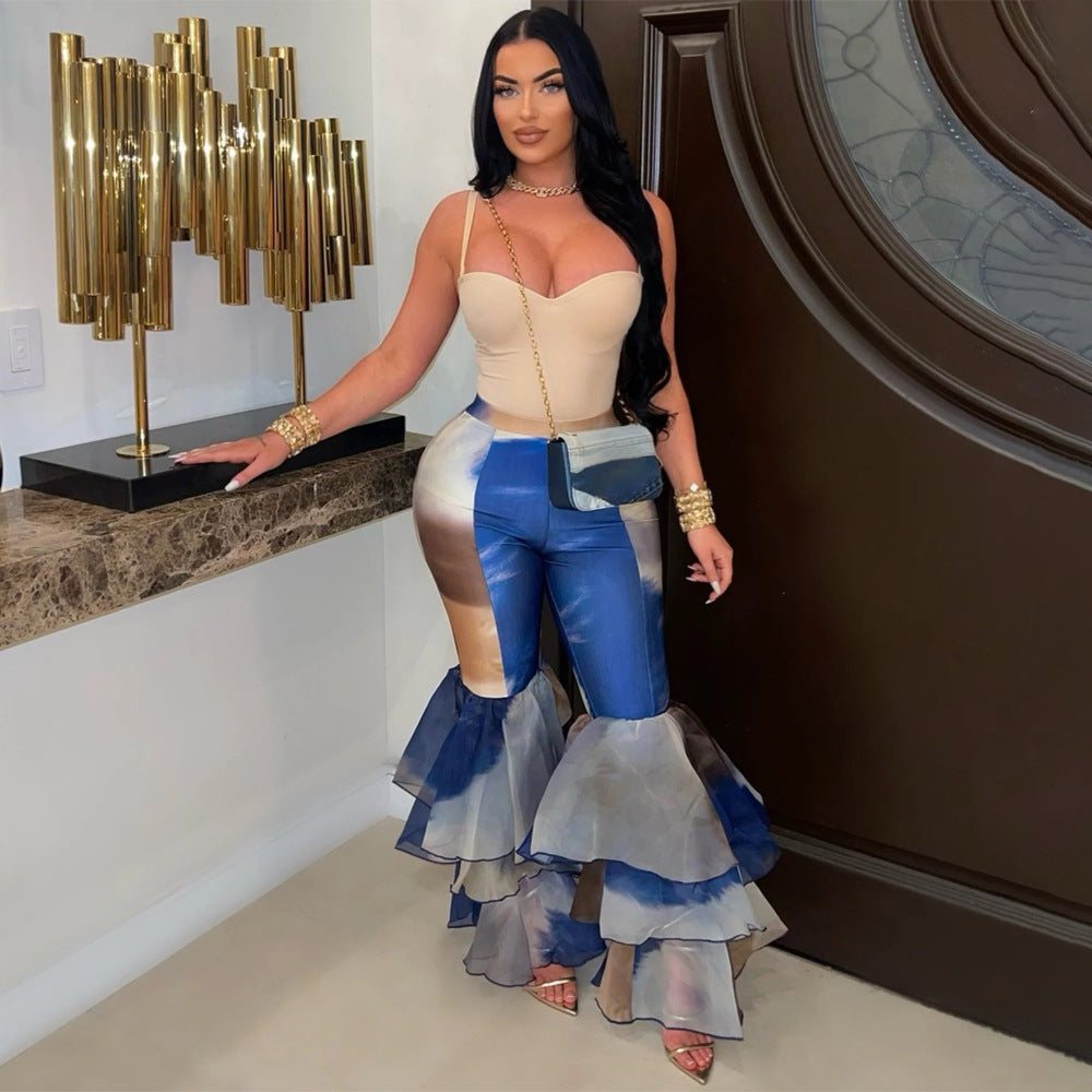 Women's Tie-dye Print Bell Bottom Pants Ruffled trousers 3