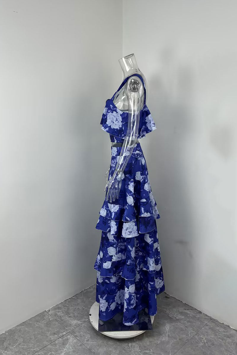 Women Beach Edge Holidays Printed Suspender Top Cascading Ruffles Skirt Two-Piece Set 23