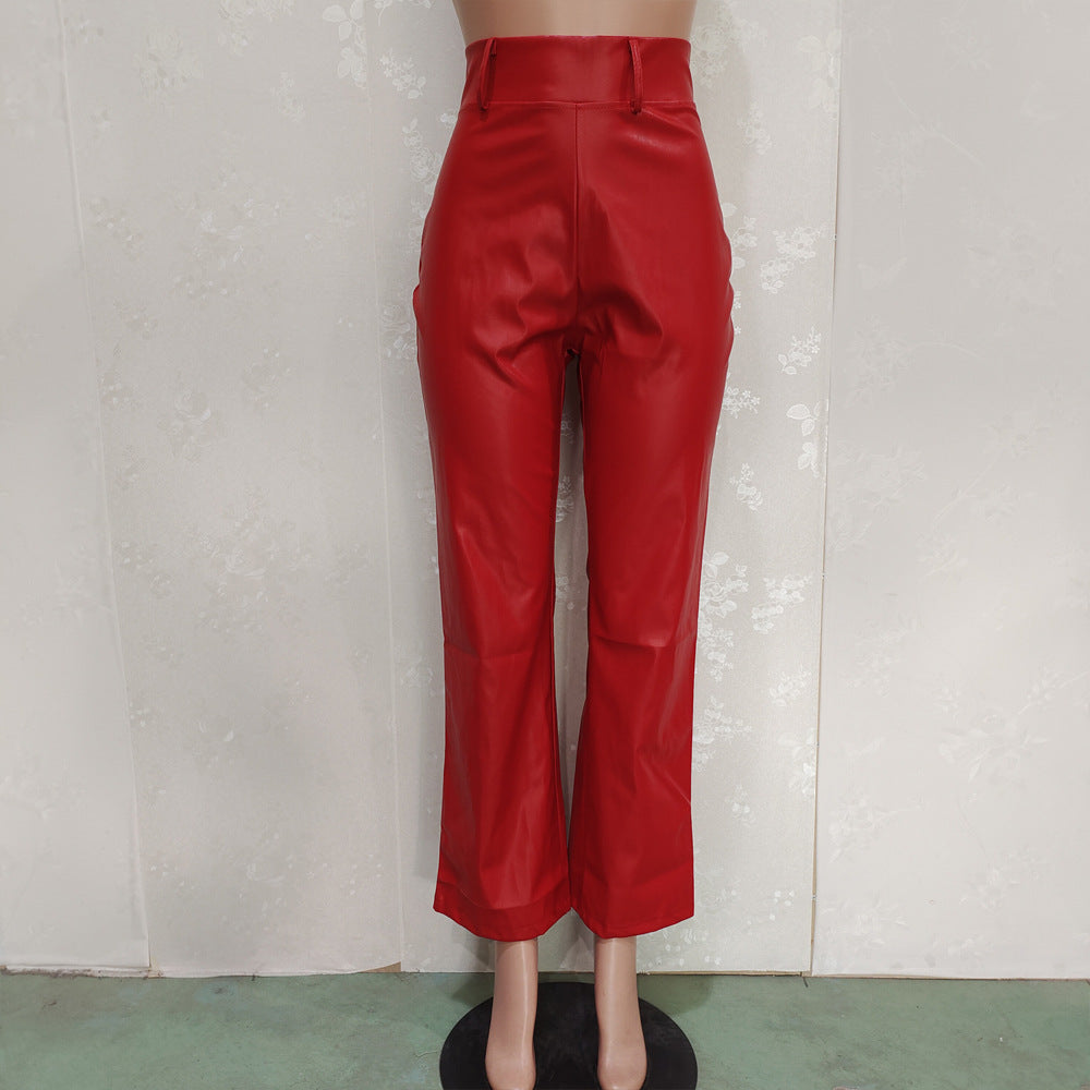 Solid Color Loose Wide-Leg Leather Pants with Back Zipper 9