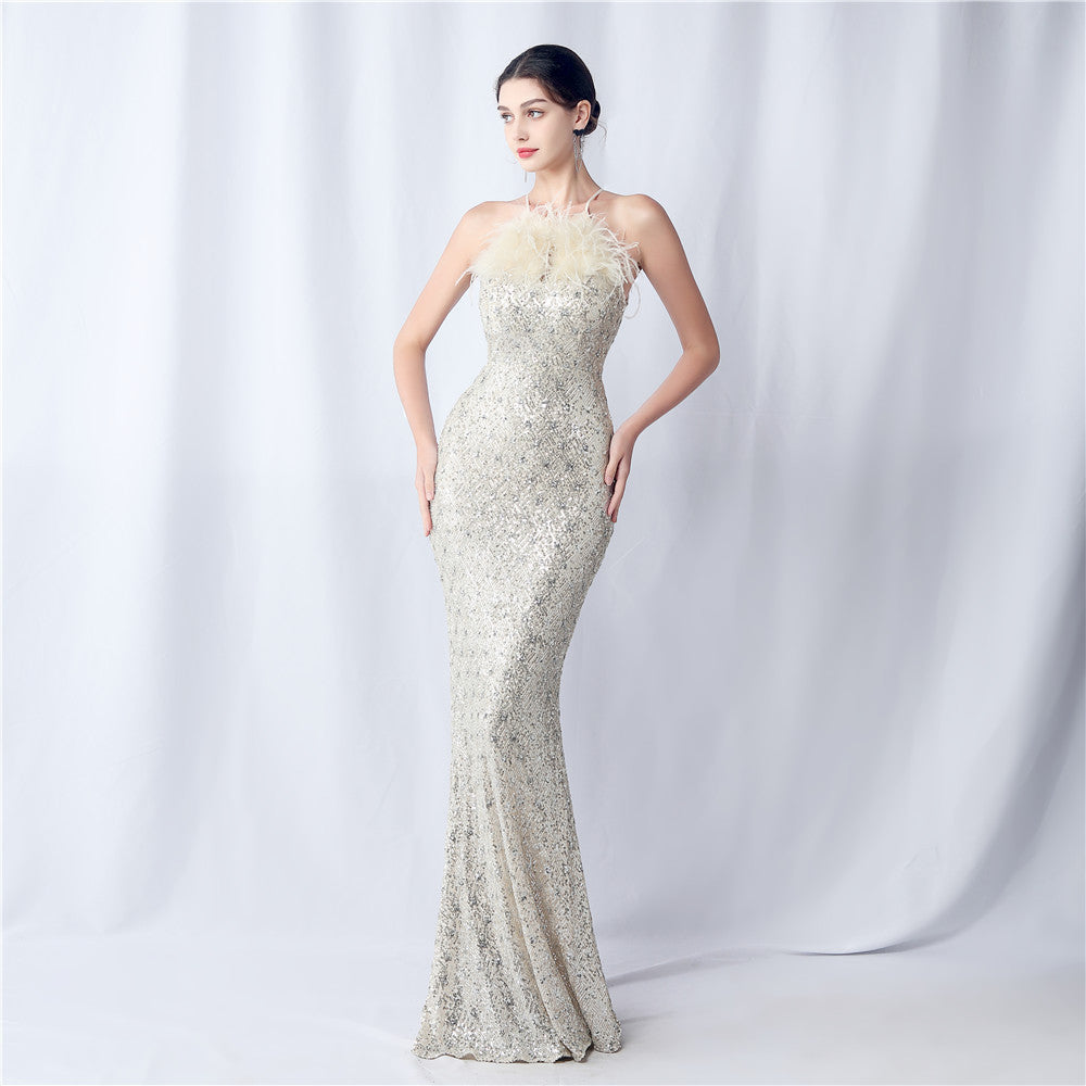 Feather Beaded Plaid Sequin Dinner Party Evening Dress 6