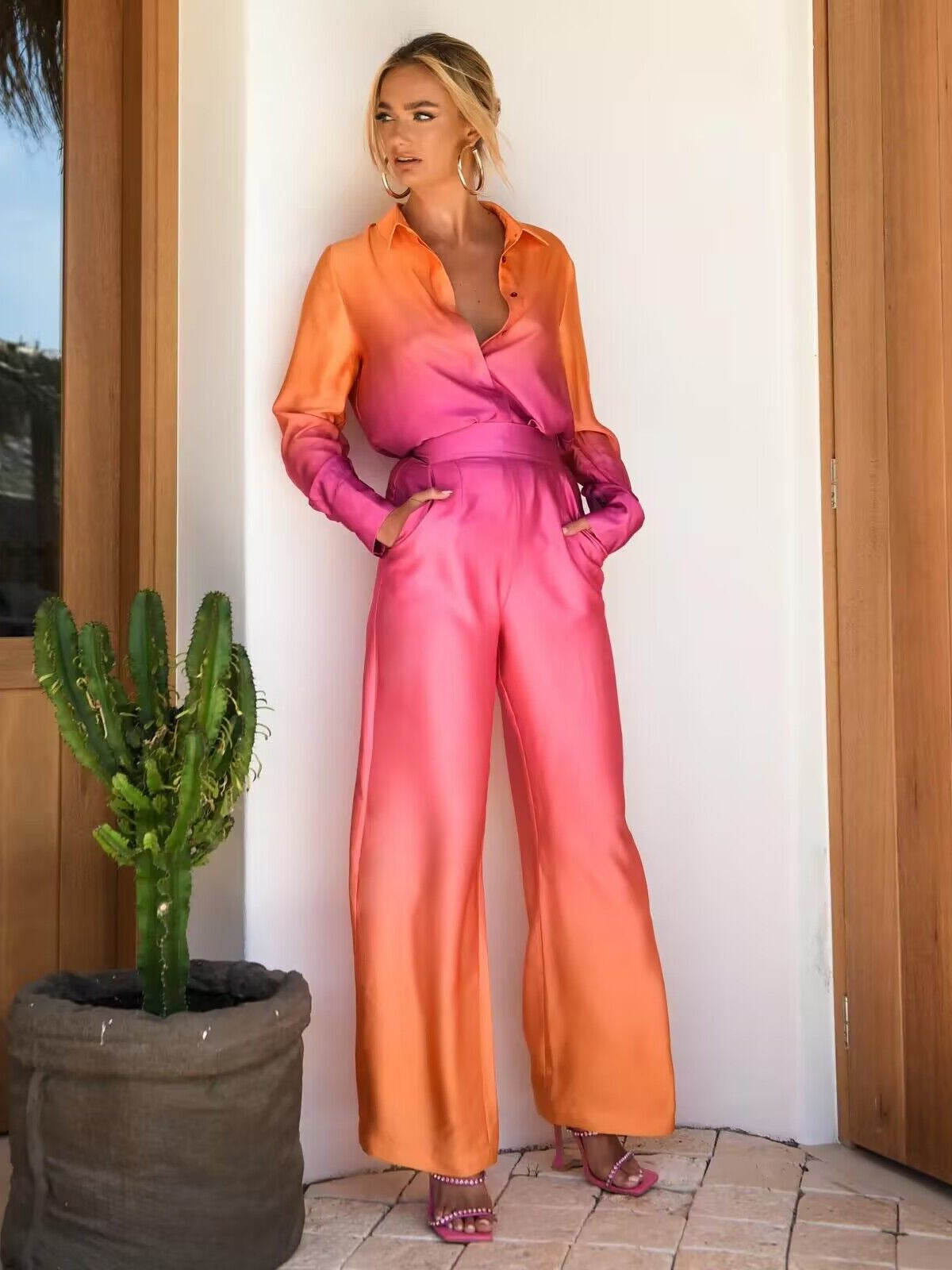 Women's Autumn Fashion Gradient Print Long Sleeve Shirt Pants Two Piece Set 5