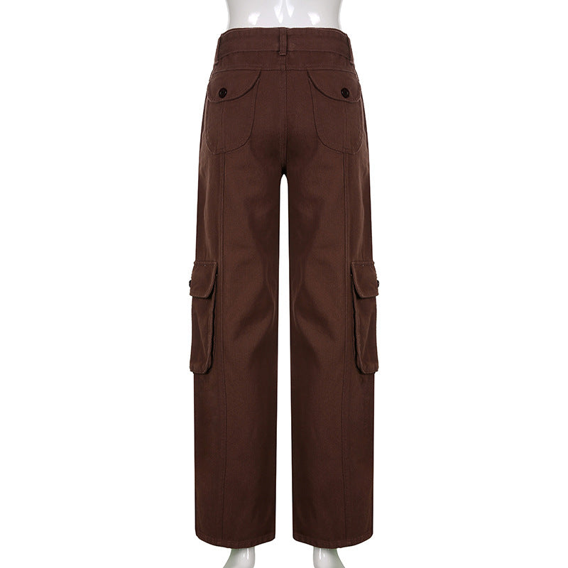 Street Hipster Women Clothing Casual Loose Drawstring Belt High Waist  Grey Wide Leg Denim Cargo Pants 21