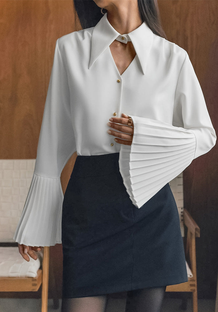 Women white sexy Turndown Collar long-sleeved hollow chiffon shirt