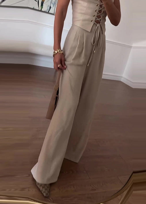 Summer Sexy Hollow Lace-Up Top Wide-Leg Pants Casual Two Piece Set 5