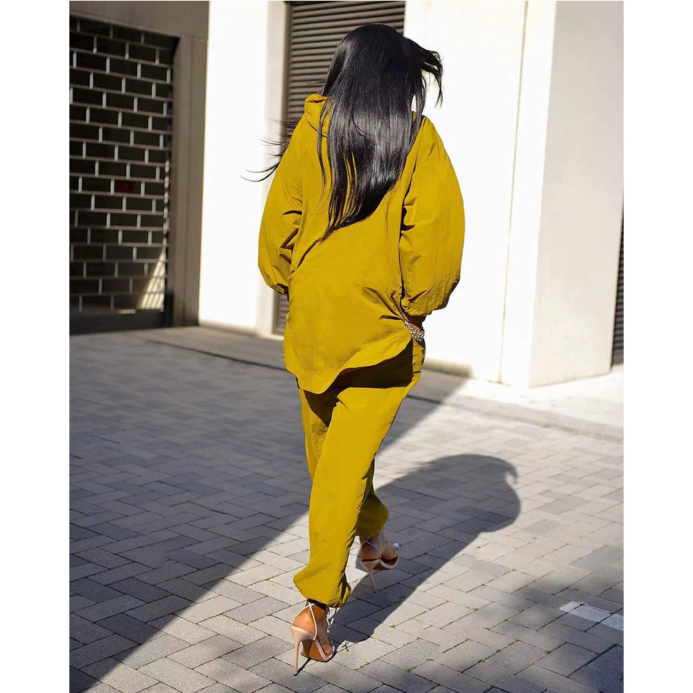 Solid Color Outdoor Hiking Casual Hooded Fashion Casual Waterproof Windbreaker Sports Two Piece Pants Set