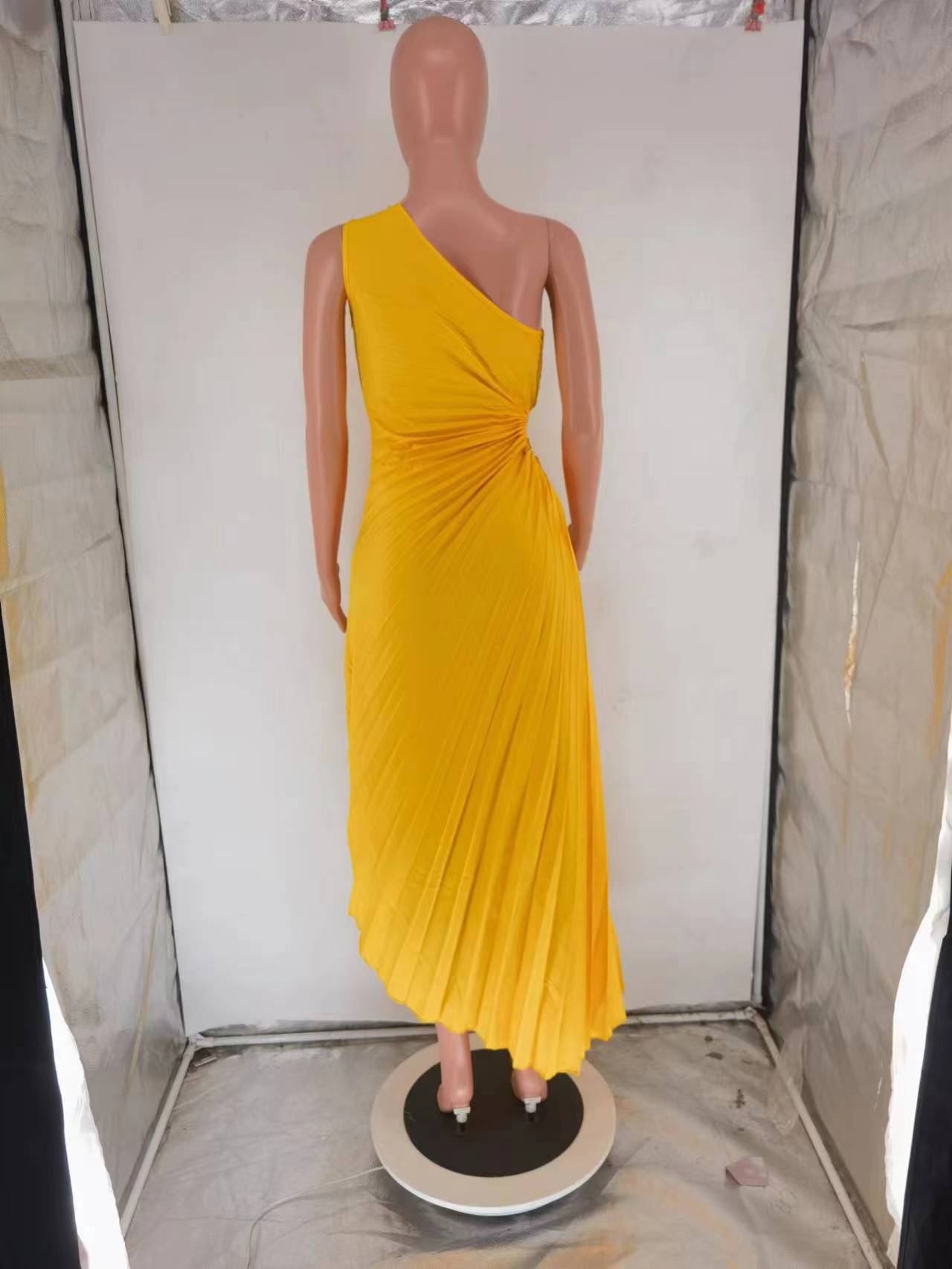 Elegant Slim Fit One Shoulder Cutout Pleated Gown Dress 24
