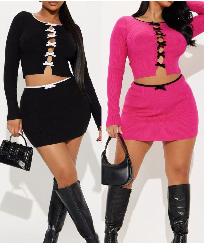 Women bow Round Neck long-sleeved knitting hollow contrasting Top and Skrit two-piece set 8