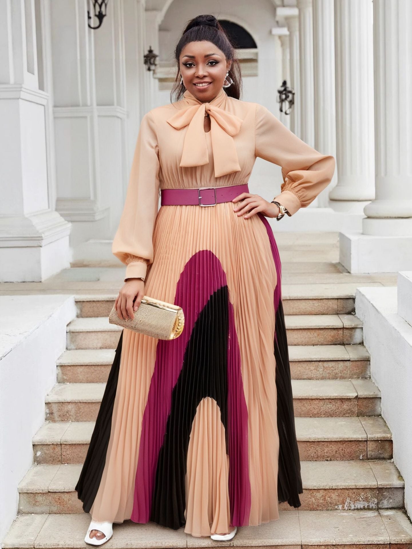 Plus Size Women lace-up long sleeve color matching pleated dress