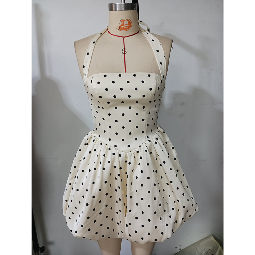 Women French Polka Dot Strap Dress Sexy Halter Neck Holidays Tutu Skirt 8
