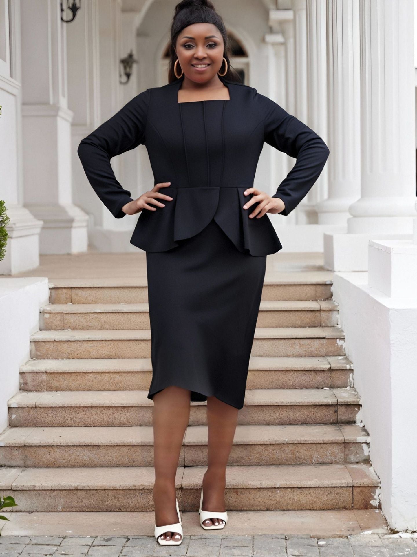 Plus Size Women deep U-neck long sleeve ruffled bodycon dress 7