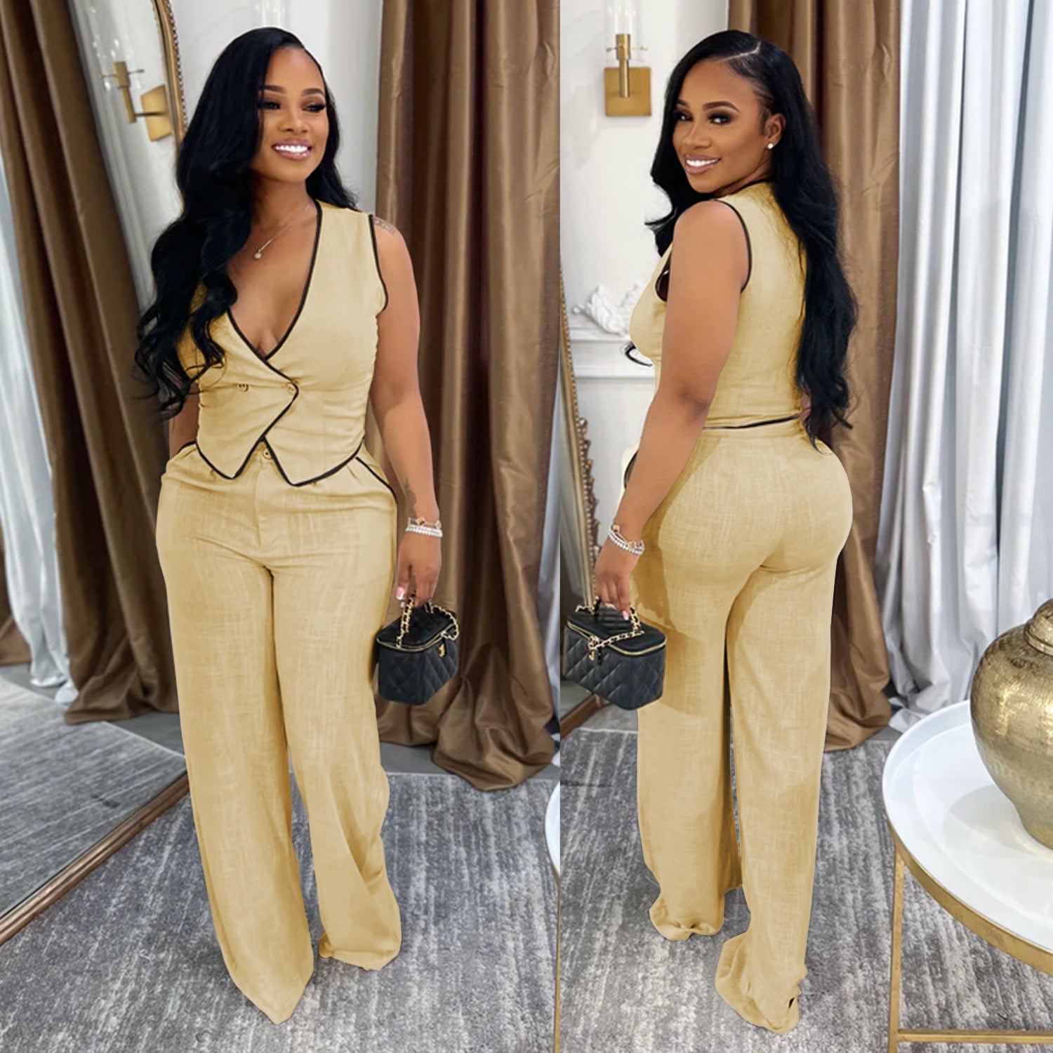 Women casual v-neck button top and trousers two-piece suit 7