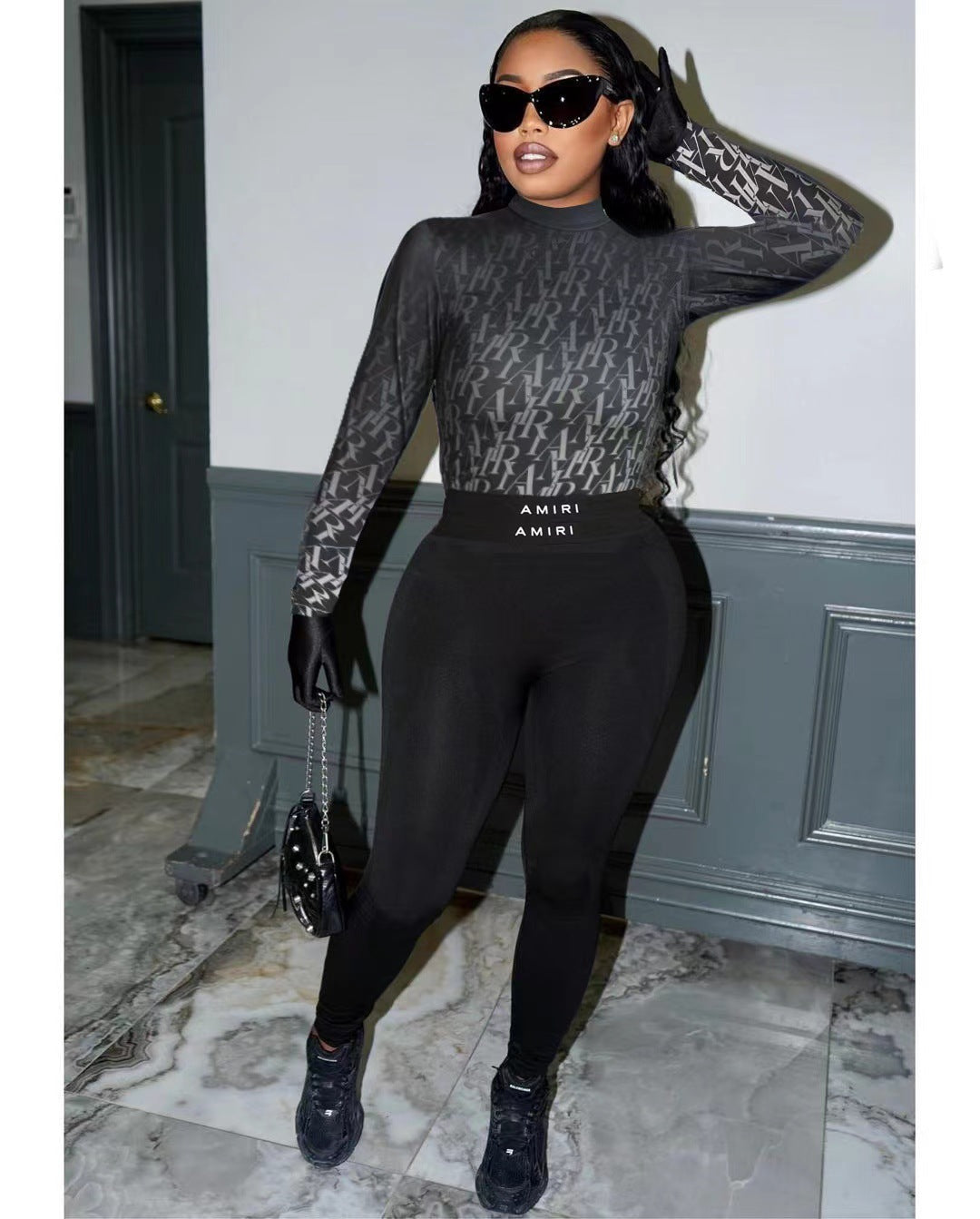 Women High Neck Gradient Print Long Sleeve Top and Pants Two-Piece Set 3