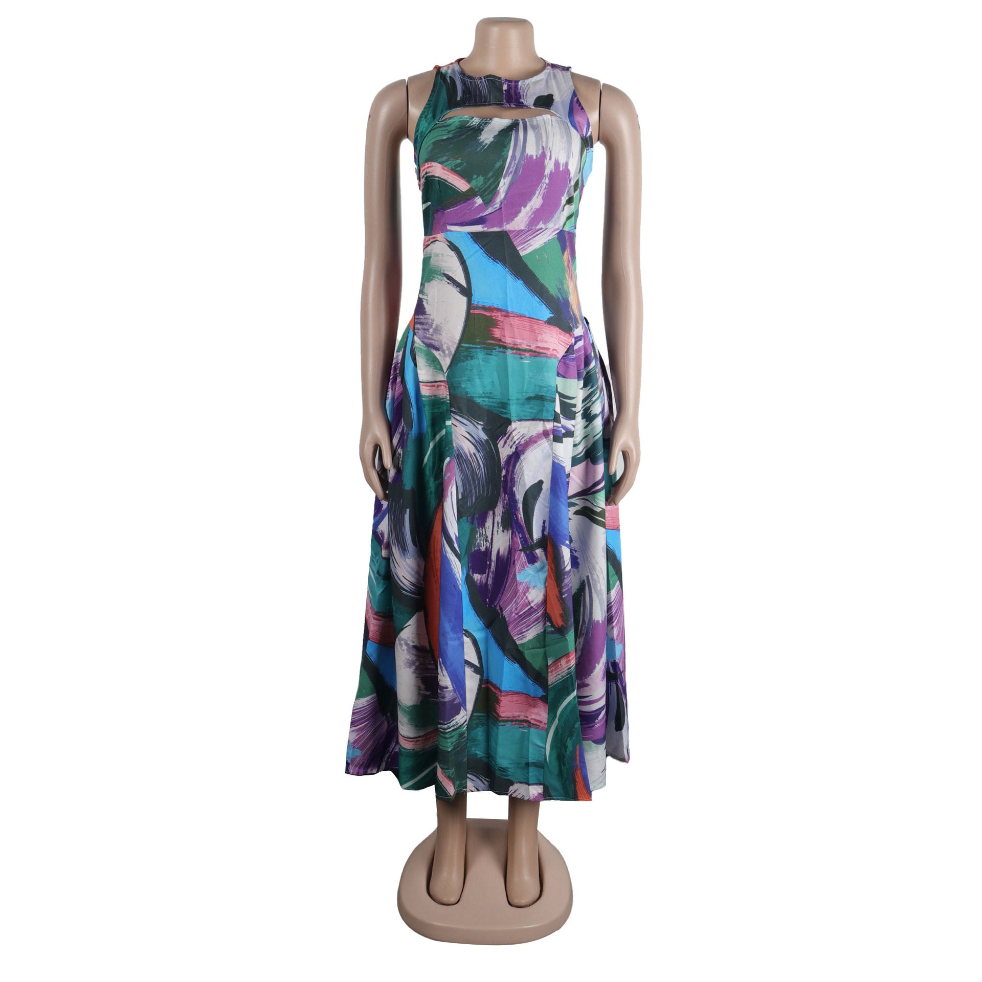 Fashion Sexy Slim Fit Hollow Printed Patchwork Sleeveless A-Line Dress 11