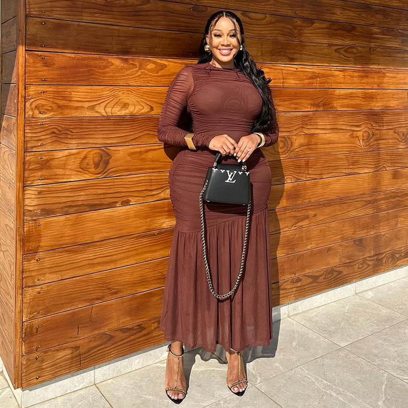 Women's Chic Slim Waist Solid High Neck Long-Sleeve Ruched Long Dress