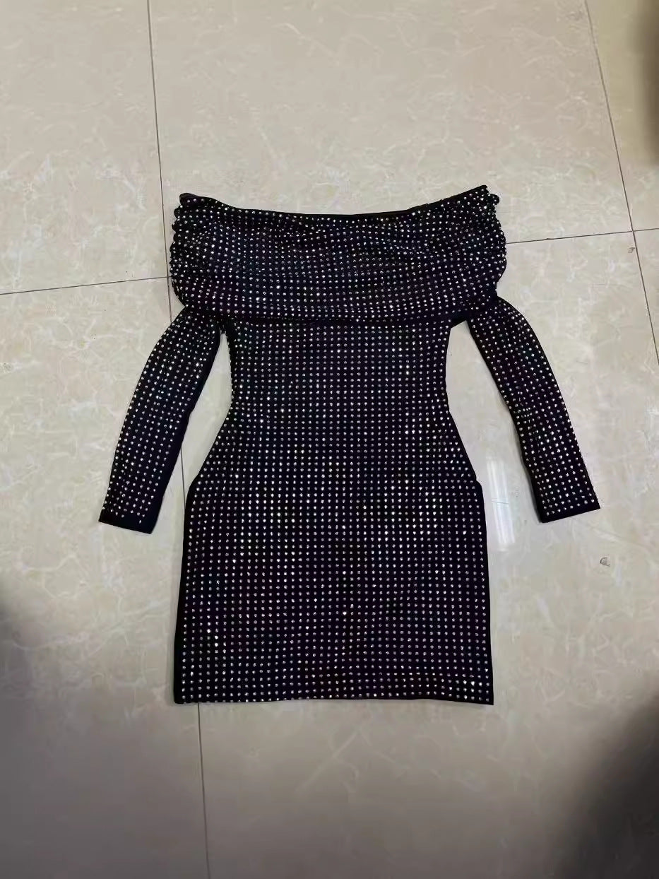 Women's Sexy Mesh Off Shoulder Beaded Long Sleeve Bodycon Slim Dress 7