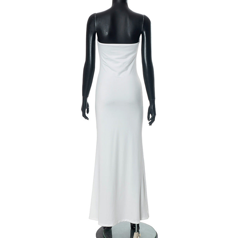 Holiday Style Flower Print Contrast Color Low Back Strapless Long Dress 8