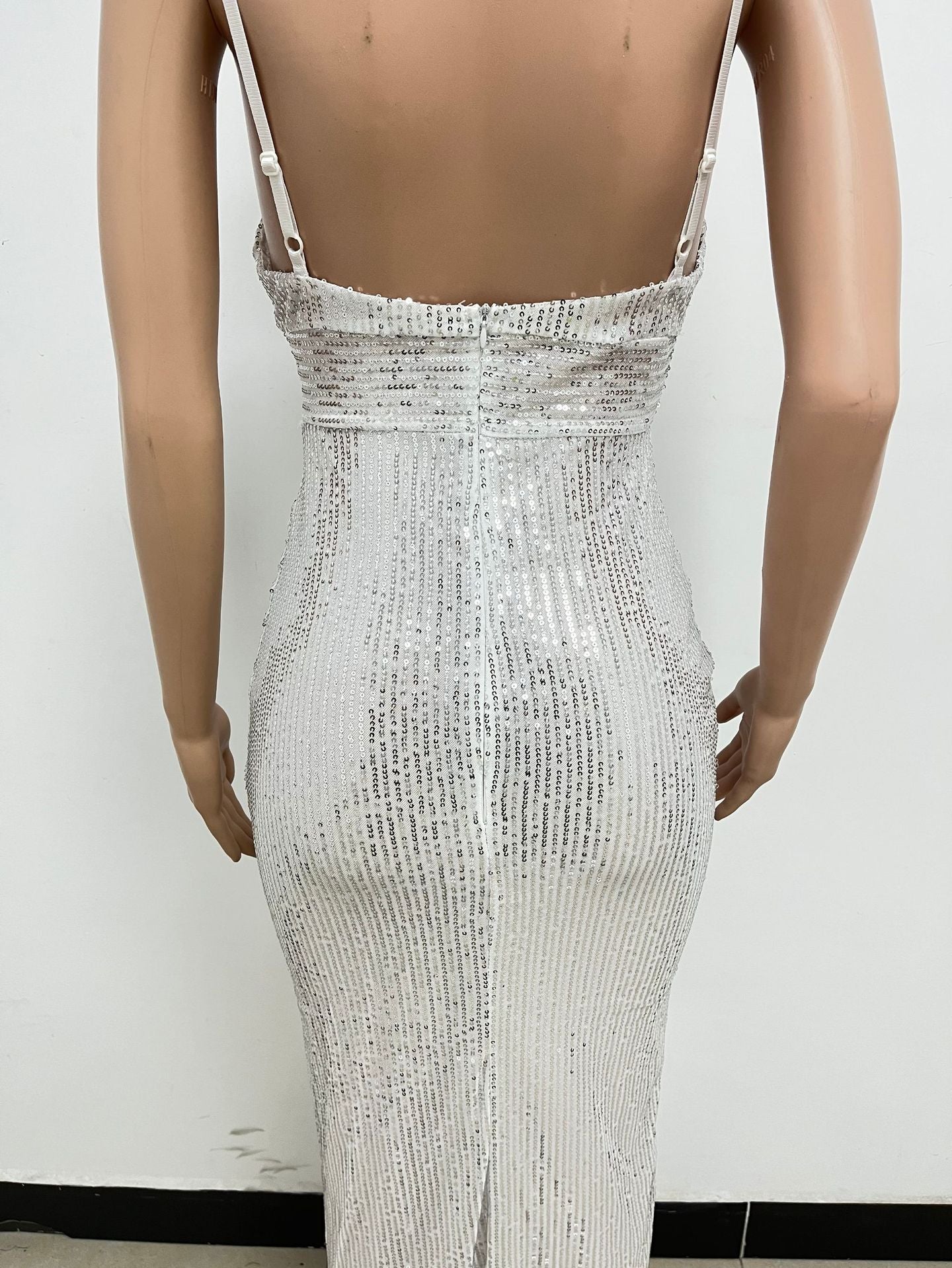 Women's Summer Slit Low Back Dress Sequined Sleeveless Suspender Dress 38