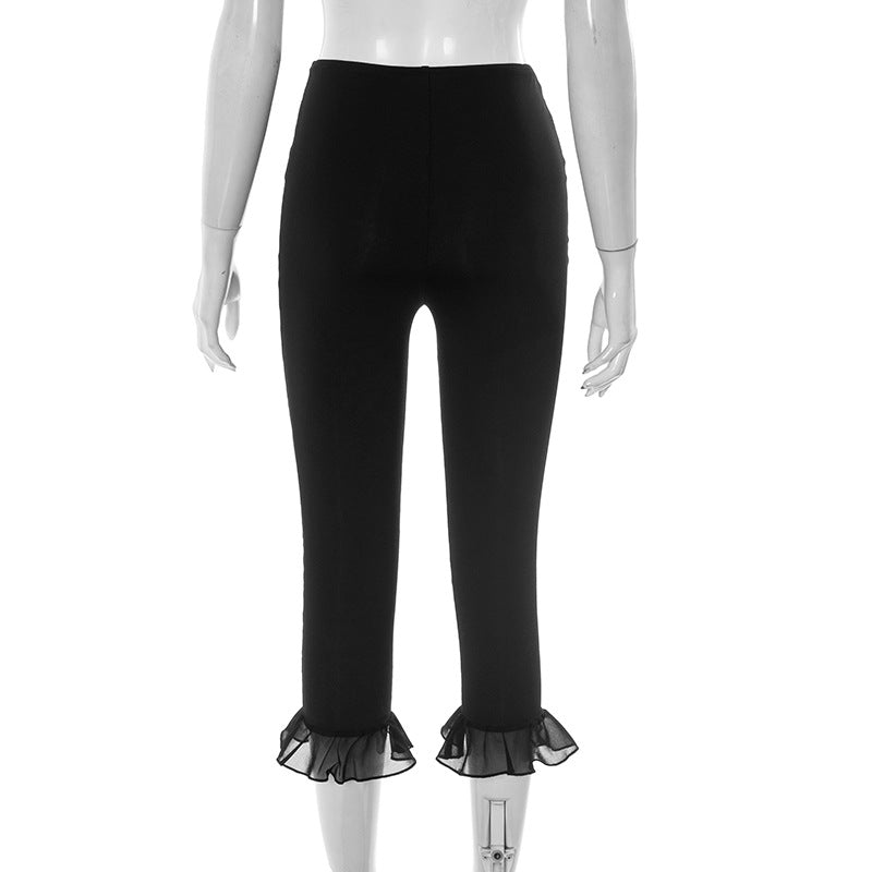 Women's Spring and Summer Ruffled V Waist Solid Color Elastic 7-point Casual Pants 39