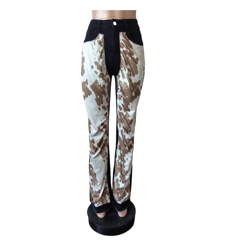 Printed Denim Trousers Fashionable Patchwork Bell Bottom Pants 6