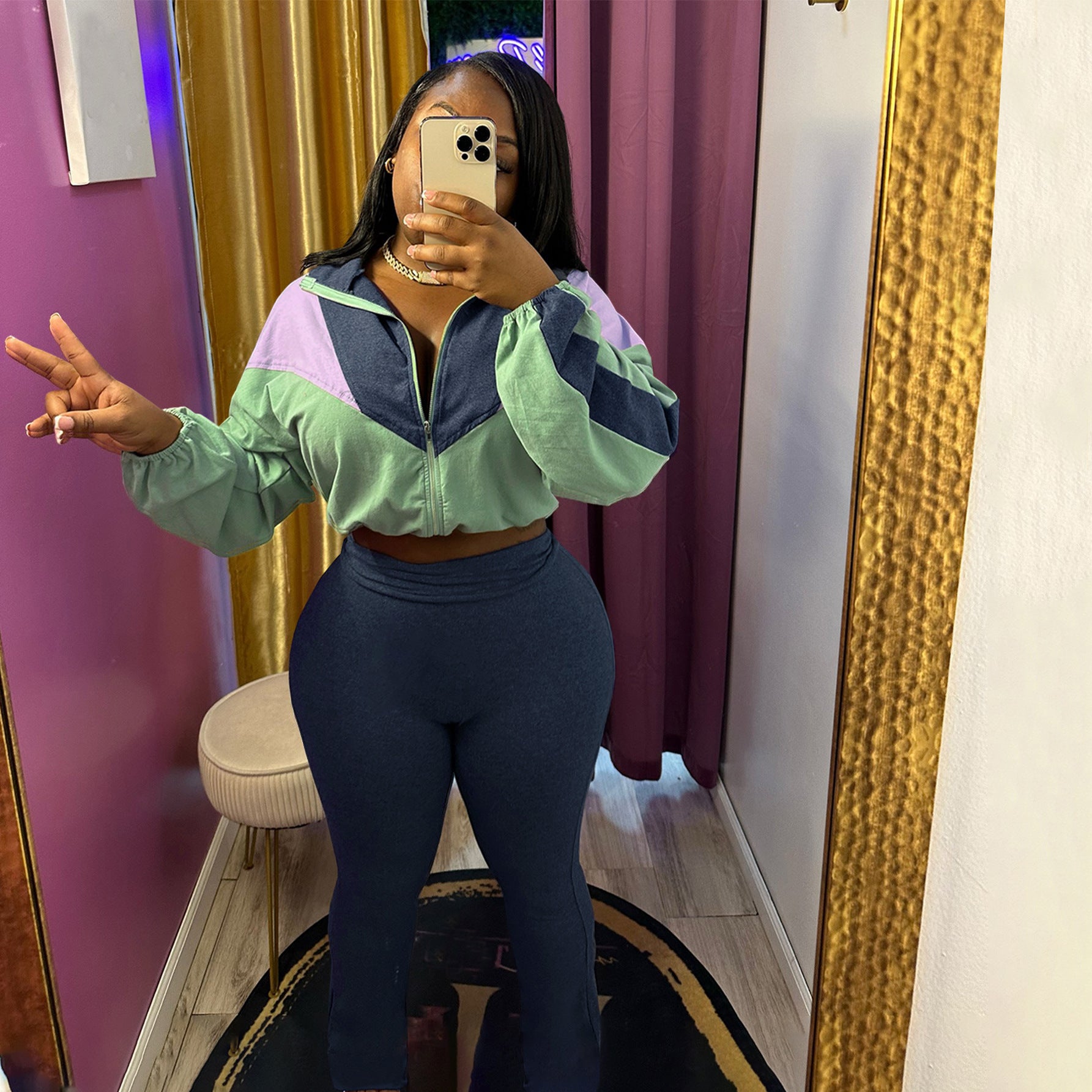 Women Colorblock Zipper Top and Pant Sports Two-Piece Set 7