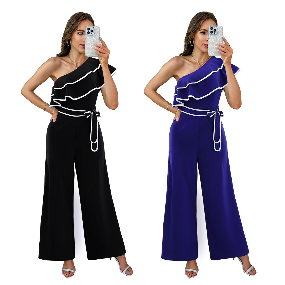 Fashionable Women's Slash Shoulder Belt Casual Wide-Leg Jumpsuit 6