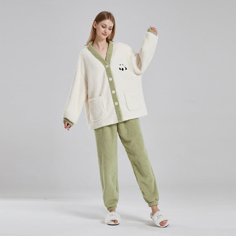 Couple Pajamas Women's Winter Velvet Home Clothes Half Velvet Cartoon Panda Couple SET