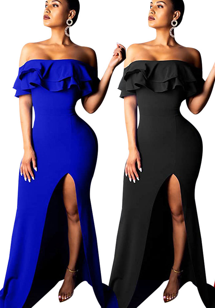 Sexy Fashion Ruffle Off Shoulder Split Dress