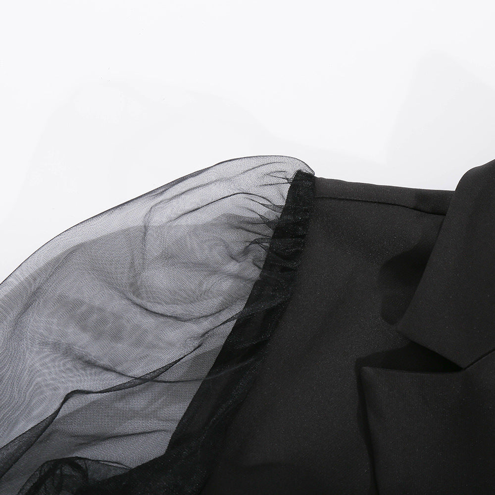 Spring Sexy See-Through Mesh Long Sleeve Double Breasted Slim Waist Chic Women Blazer Dress 49