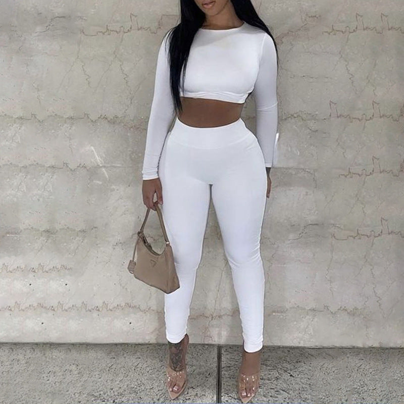 Women Fall Round Neck Long-Sleeved Top and Pants Two-Piece Set 3