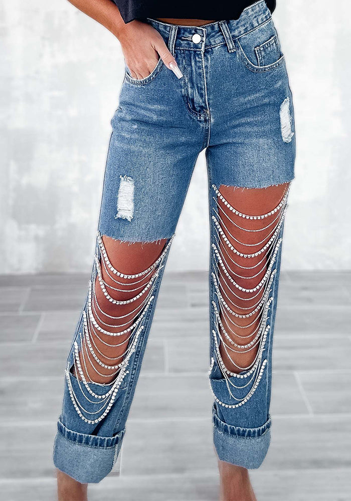 Spring Women's Chain Ripped Denim Pants