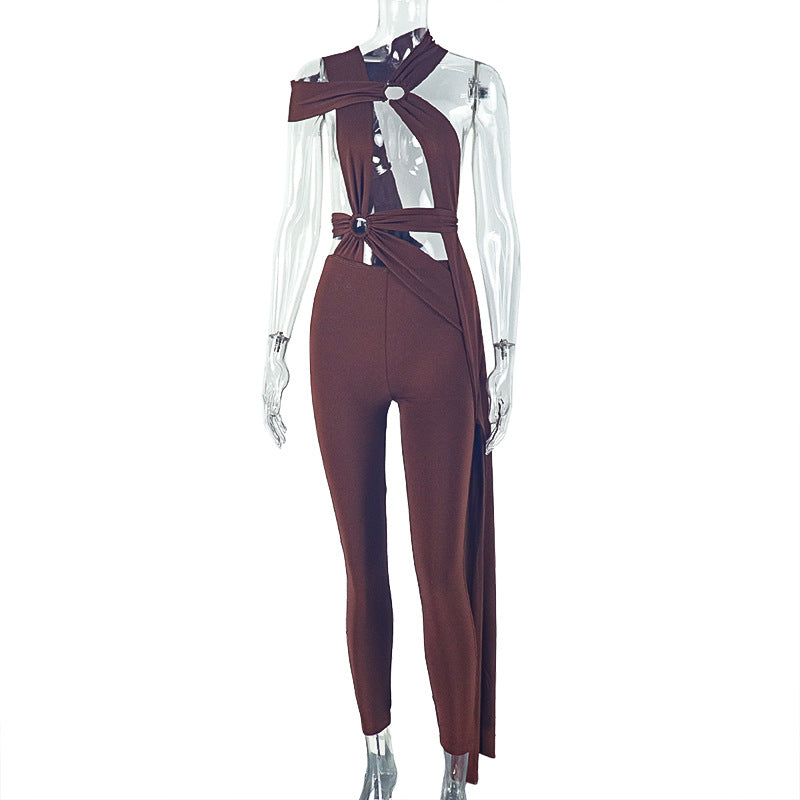 Sexy Street Style Lace-Up Cut-Out Metal Ring Jumpsuit Solid Tight Slim Romper 7