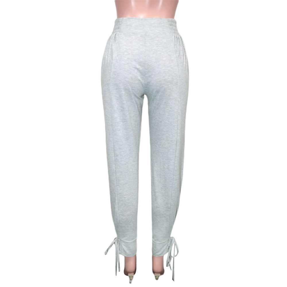 Women Summer Casual Solid Drawstring Lace-Up Stretch Trousers 11