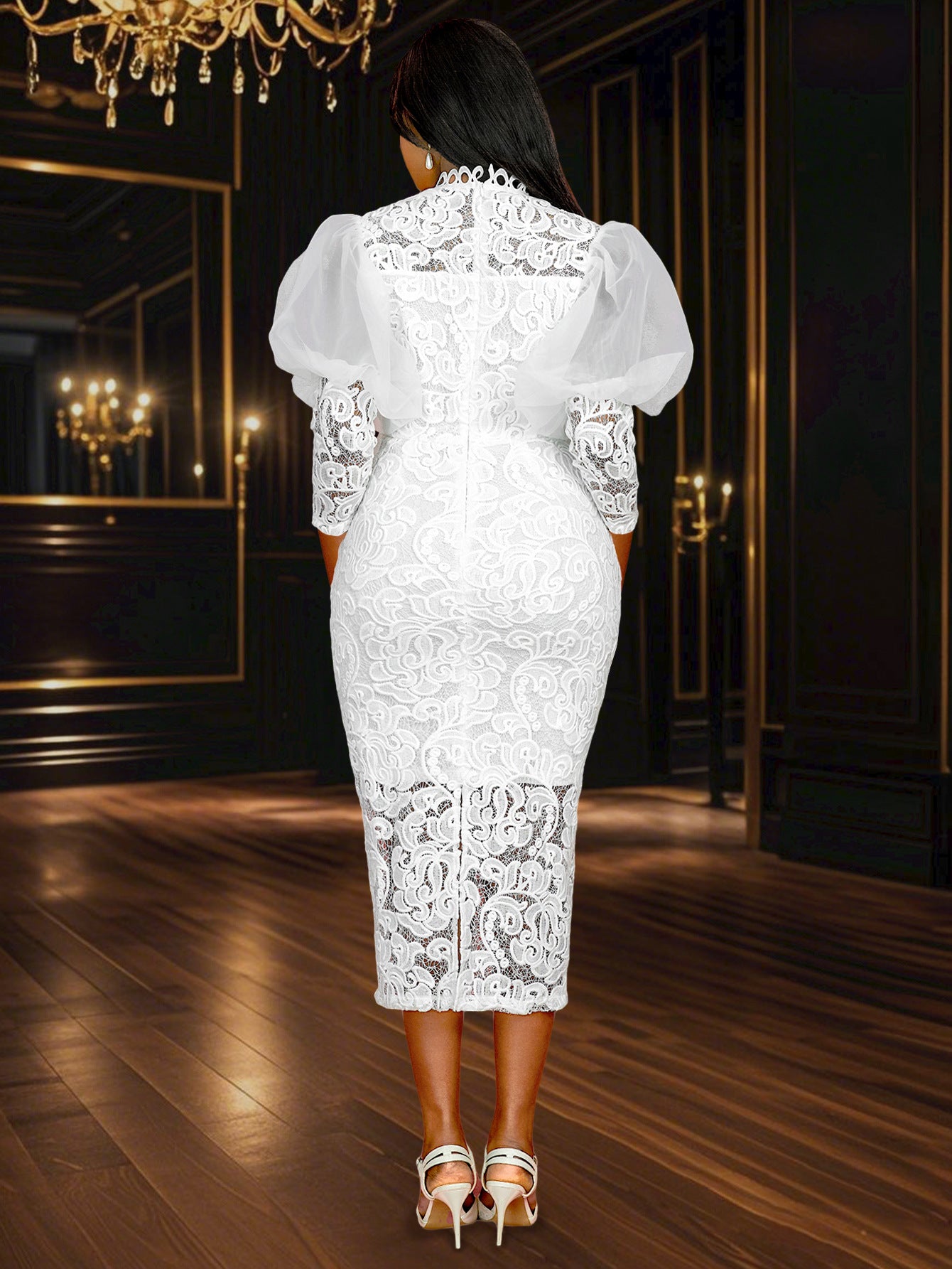 Lace Formal Party Puff-Sleeve Mid-Length Dress 8